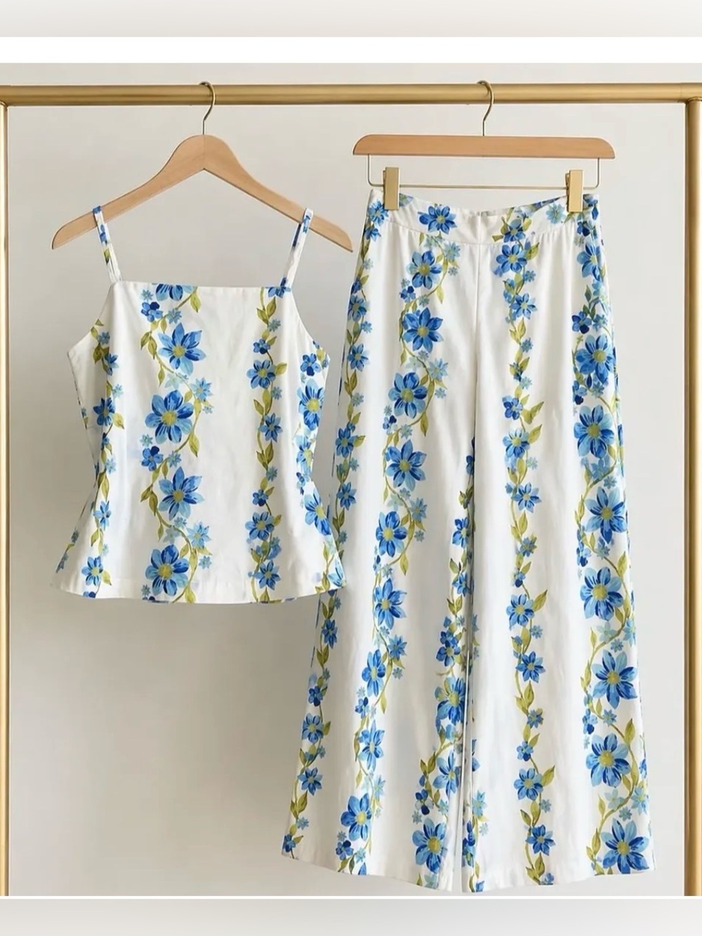 HYFVE Blue Floral Cotton Two-Piece Set | Cami Tank & Wide Leg Pants | Size S - Picture 2 of 3